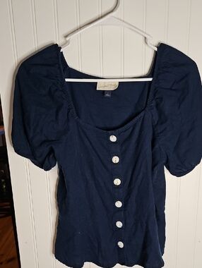 Universal Thread Navy Puff Sleeve Button-Front Top